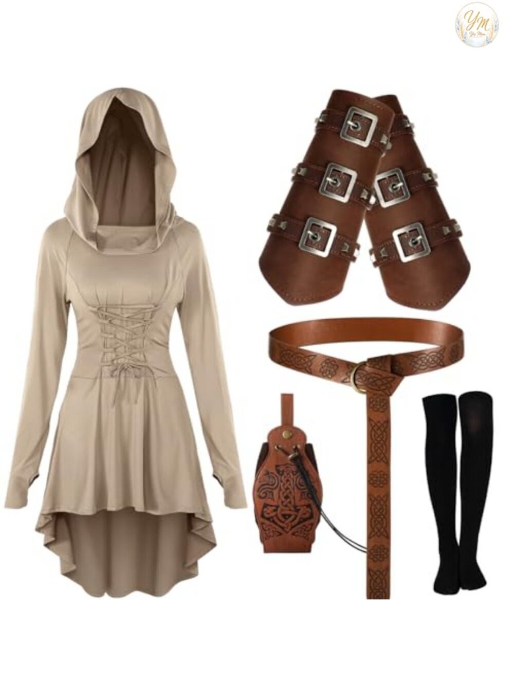 Renaissance Cloak Costume Set Hooded Medieval Halloween 5 Pc